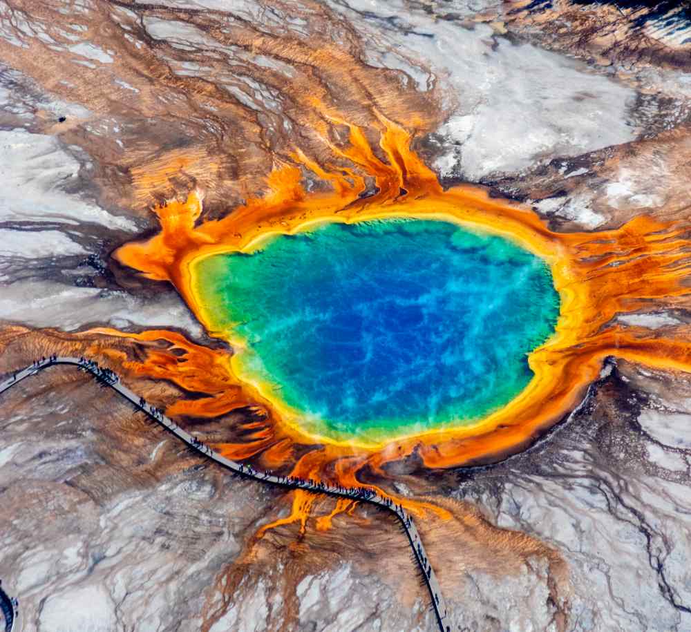 An aerial view of Grand Prismatic in Yellowstone National Park