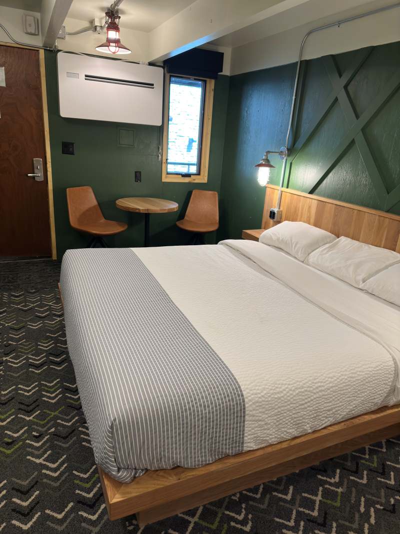 Private king room with natural light, desk, and green feature wall