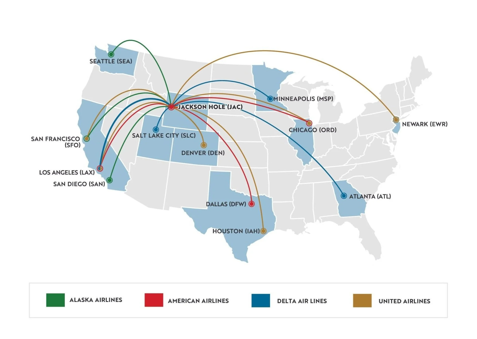 Map of non-stop flights to Jackson Hole, WY