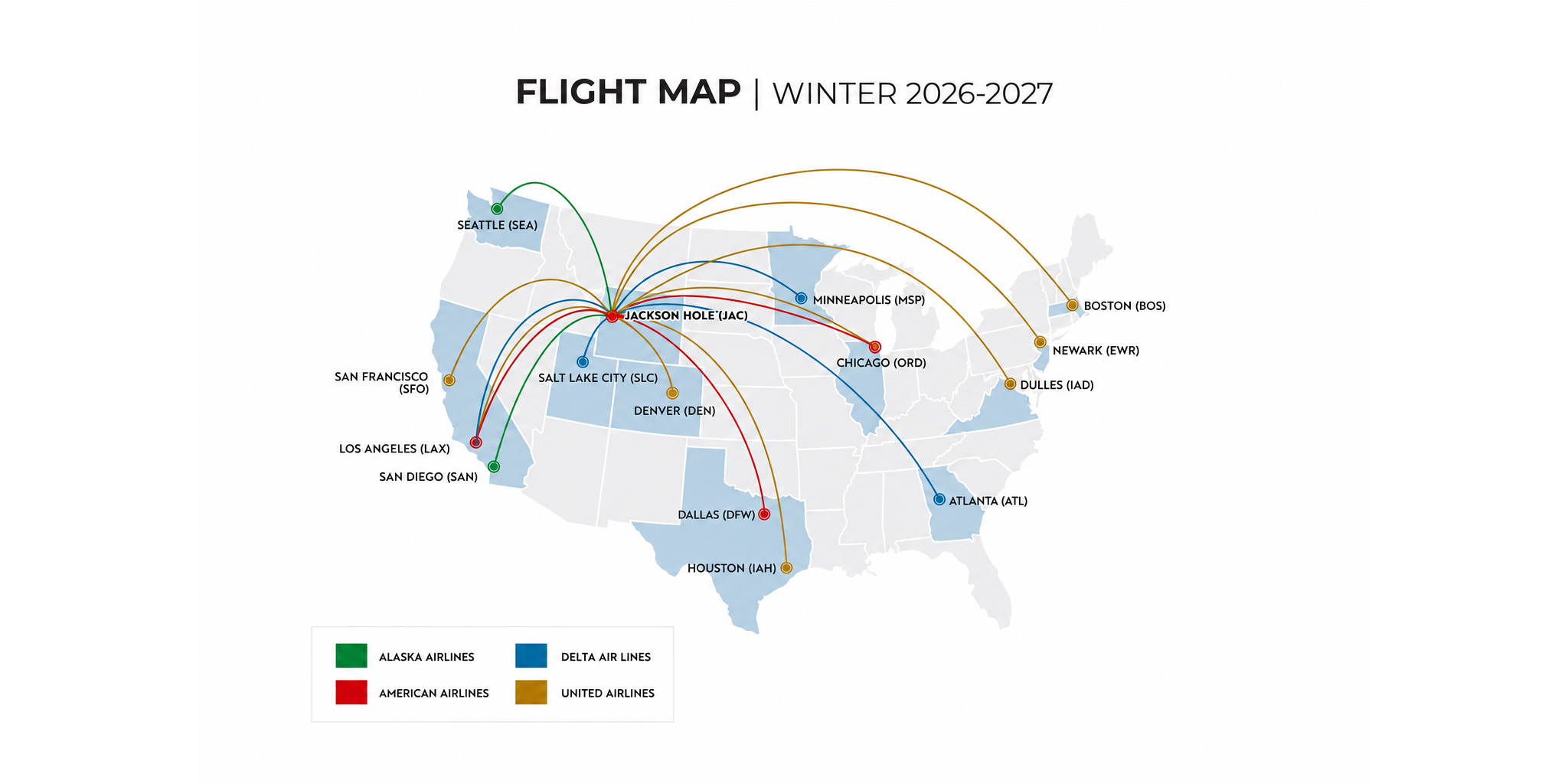 Map of non-stop flights to Jackson Hole, WY